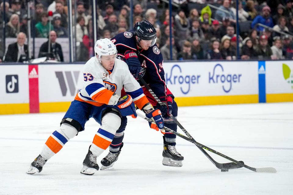 Nov 25, 2022; Columbus, Ohio, United States;  Columbus Blue Jackets forward Gustav Nyquist (14) fights with New York Islanders forward Casey Cizikas (53) for the puck during the first period of the NHL hockey game between the Columbus Blue Jackets and the New York Islanders at Nationwide Arena on Friday night. Mandatory Credit: Joseph Scheller-The Columbus Dispatch