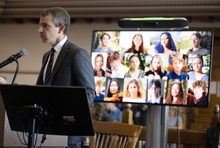 Nate Bellinger delivers the closing statement for youth plaintiffs (Photo by Robin Loznak)