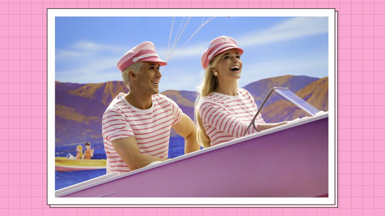  Ryan Gosling and Margot Robbie pictured in a boat in the Barbie Movie/ in a pink template 