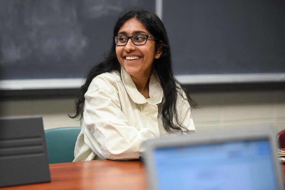 President of the Interfaith Council Isha Hooda smiles during weekly council meeting on Tuesday, Feb, 20, 2024 at Augustana Humanities Building in Sioux Falls.