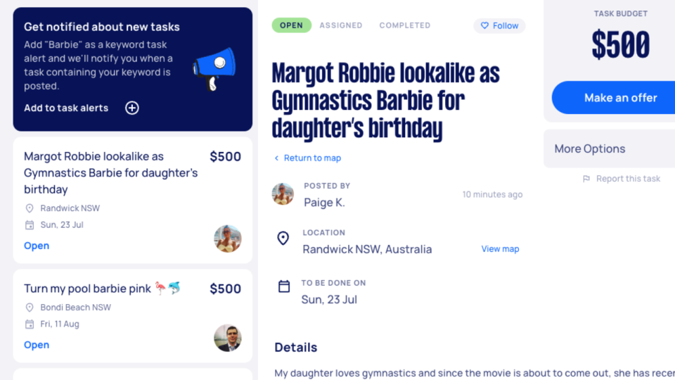 An image of numerous Barbie-centric job postings on Airtasker offering varying amounts of money for the tasks.