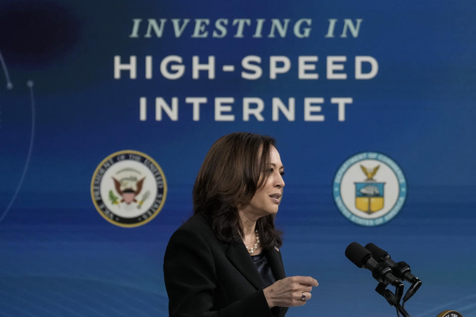 WASHINGTON, DC - JUNE 3: U.S. Vice President Kamala Harris speaks during an event on high-speed internet access in the South Court Auditorium at the White House complex on June 3, 2021 in Washington, DC. Harris announced that the Biden administration is making $1 billion available in grants to improve high-speed internet access in tribal lands. The $1 billion in grant funding was originally included in the coronavirus relief package. (Photo by Drew Angerer/Getty Images)