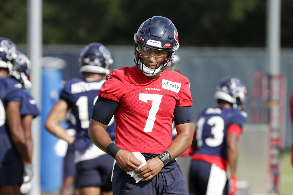 Houston Texans quarterback C.J. Stroud (7) between passing drills during the NFL football team's training camp, Sunday, July 30, 2023, in Houston. (AP Photo/Michael Wyke)