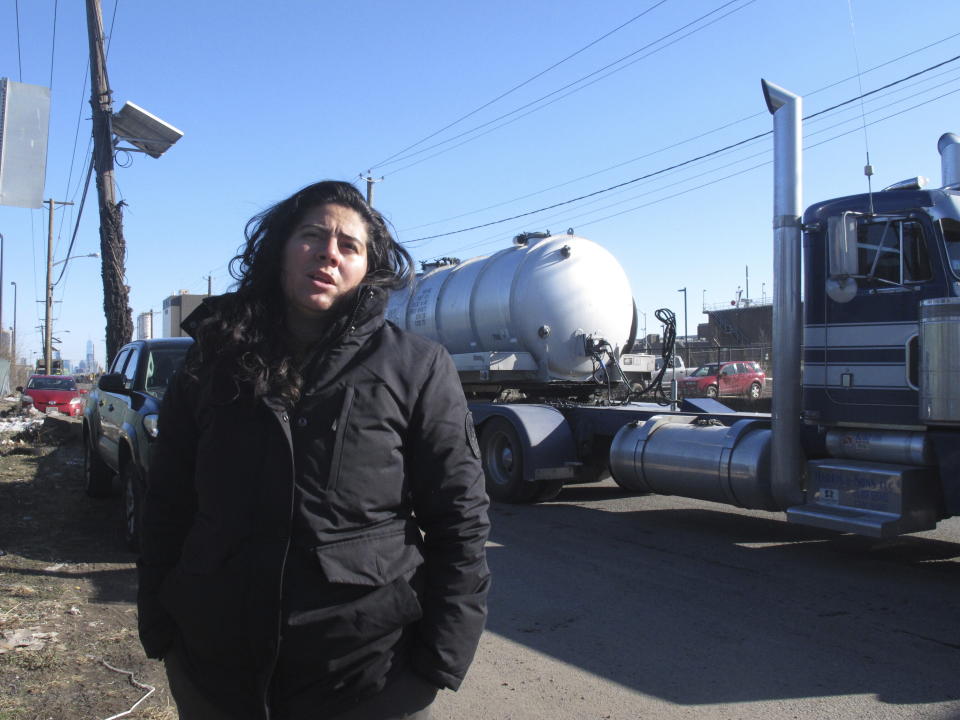 Maria Lopez-Nunez, deputy director of the Ironbound Community Corporation, speaks on Jan. 11, 2022 outside a sewage treatment plant in Newark N.J., where a proposed backup power plant is drawing strenuous opposition from residents who say their neighborhood is already overburdened with polluting facilities, including two other power plants. On Feb. 20, 2024, New Jersey first lady and U.S. Senate candidate Tammy Murphy opposed the project, but the candidate for a U.S. Senate seat would not say if she has tried to influence her husband — Gov. Phil Murphy — to kill the project. (AP Photo/Wayne Parry)