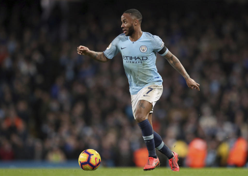 Manchester City's Raheem Sterling controls the ball during the English Premier League soccer match between Manchester City and Chelsea at Etihad stadium in Manchester, England, Sunday, Feb. 10, 2019. (AP Photo/Jon Super)