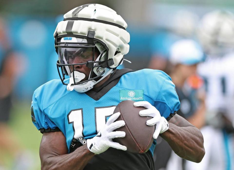 Carolina Panthers wide receiver Jonathan Mingo secures the ball on a pass reception during practice on Tuesday, August 6, 2024.