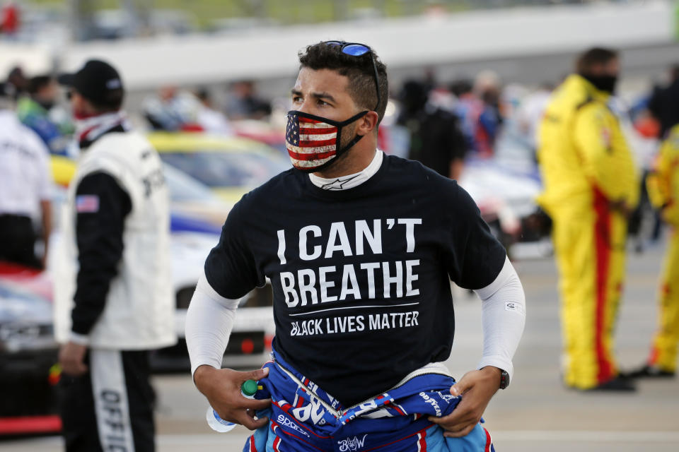 Driver Bubba Wallace wears a Black Lives Matter shirt as he prepares for a NASCAR Cup Series auto race on June 10 in Martinsville, Virginia. (Photo: ASSOCIATED PRESS)