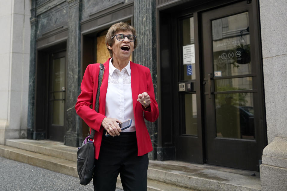 Ellen Surloff, vice president of Congregation Dor Hadash, reacts as she exits the United States Courthouse in Pittsburgh after the verdict was handed down in the capital murder trial of Robert Bowers, who was found guilty, Friday, June 16, 2023, of all 63 charges related to the Oct. 28. 2018, killing of 11 worshipers at the Tree of Life Synagogue in Pittsburgh. It was the deadliest attack on Jewish people in U.S. history. (AP Photo/Gene J. Puskar)