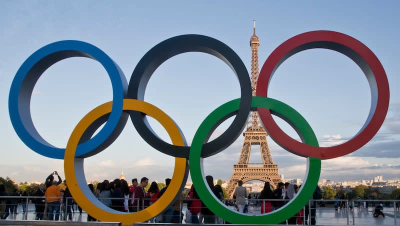 Olympic rings are set up at Trocadero plaza that overlooks the Eiffel Tower, a day after the official announcement that the 2024 Summer Olympic Games will be in the French capital, in Paris, France, Thursday, Sept. 14, 2017.