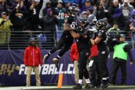 <p>Wide receiver Steve Smith #89 of the Baltimore Ravens celebrates with teammate guard Marshal Yanda #73 after scoring a second quarter touchdown against the Philadelphia Eagles at M&T Bank Stadium on December 18, 2016 in Baltimore, Maryland. (Photo by Patrick Smith/Getty Images) </p>