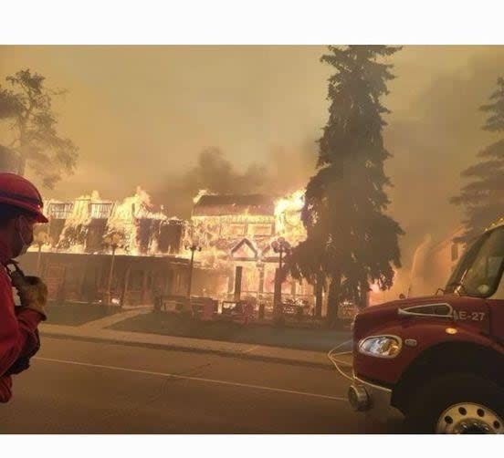 The Maligne Lodge hotel is one of the structures that burned in Jasper, Alta., after a wildfire reached the townsite Wednesday evening.