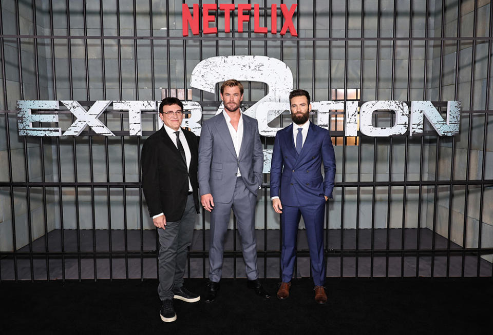 (L-R) Anthony Russo, Chris Hemsworth, and Sam Hargrave attend the Netflix's "Extraction 2" New York premiere at Jazz at Lincoln Center on June 12, 2023 in New York City.