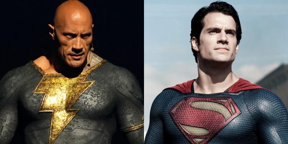 On the left: Dwayne Johnson on stage at the Warner Bros. panel promoting "Black Adam" at San Diego Comic-Con. On the right: Henry Cavill as Superman in "Man of Steel."