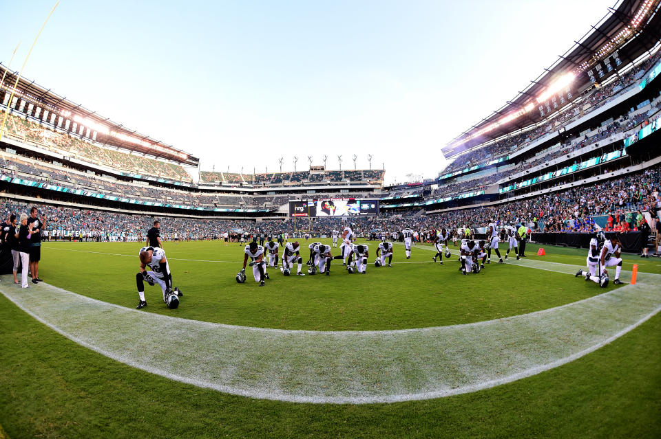 Stadium view of Philadelphia Eagles taking a knee during a NFL preseason game between the Miami Dolphins and the Philadelphia Eagles on August 24, 2017 at Lincoln Financial Field in Philadelphia, PA. Eagles won 38-31.(Photo by Andy Lewis/Icon Sportswire via Getty Images)