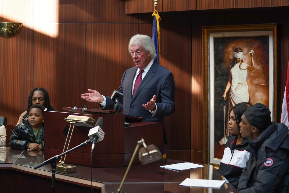 Attorney Geoffrey Fieger speaks during a press conference with the family of the late Porter Burks at his office in Southfield on Wednesday, November 1, 2022, while announcing he would be filing a lawsuit on behalf of the family of the 20-year-old who was experiencing a mental health crisis while wielding a 3.5 inch knife before it was believed that 15 bullets may have struck and killed Porter after five Detroit police officers shot 38 rounds at Burks.