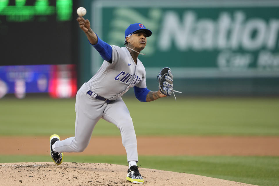 Chicago Cubs starting pitcher Marcus Stroman (0) throws during the second inning of a baseball game against the Washington Nationals in Washington, Wednesday, May 3, 2023. (AP Photo/Manuel Balce Ceneta)