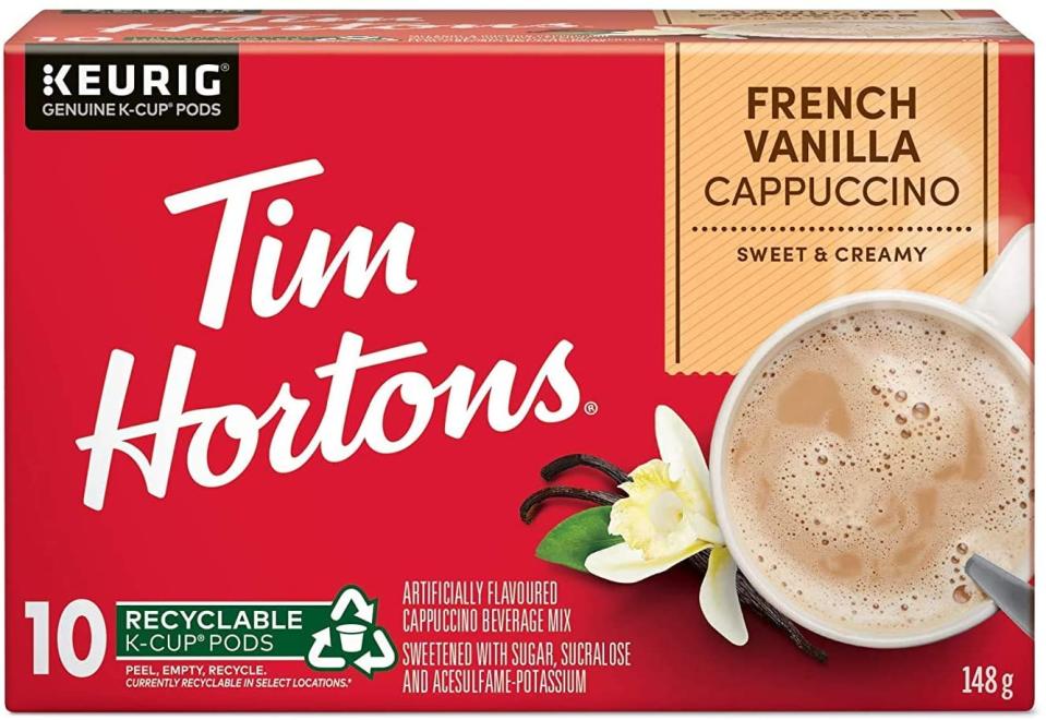 Tim Hortons French Vanilla Cappuccino, Single Serve Keurig K-Cup Pods, 10 Count. Image via Amazon.