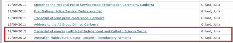 <span>Screenshot showing the two transcripts posted on the government website for events attended by Gillard on September 19, 2012</span>
