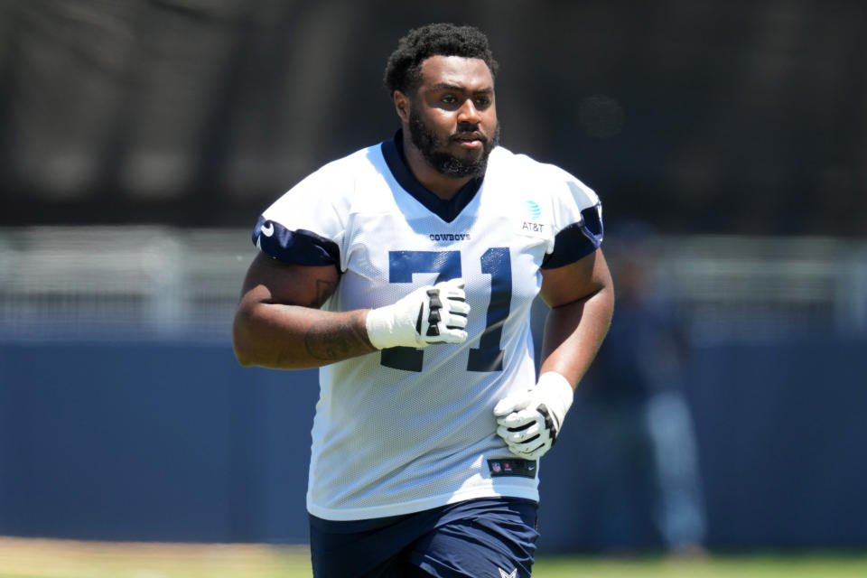 Jul 27, 2023; Oxnard, CA, USA; Dallas Cowboys tackle Chuma Odoga (71) during training camp at Marriott Residence Inn-River Ridge Playing Fields. Mandatory Credit: Kirby Lee-USA TODAY Sports