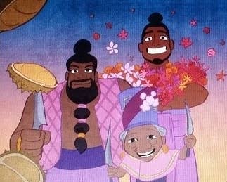 A member of Talon has sliced durian on his sword, while the leader of Talon carries two swords in her hands. Another person in the background carries bunches of flowers