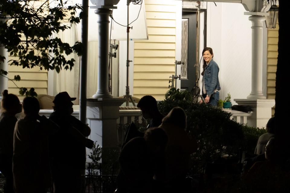 Michelle Monaghan shooting Netflix show “Echoes” on Orange Street.