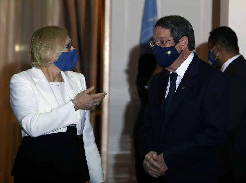 Elizabeth Spehar, U.N. Special Representative of the Secretary-General and Head of UNFICYP Mission welcomes Cypriot President Nicos Anastasiades and Turkish Cypriot leader Ersin Tatar in the buffer zone of Nicosia airport