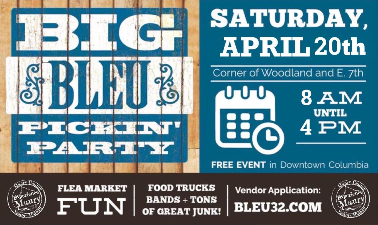 Big Bleu 32 will bring its Big Bleu Pickin' Party back for another weekend of junk hunts, live music, food trucks and more from 8 a.m. to 4 p.m. Saturday, which includes 2024's first Columbia Cars & Coffee.