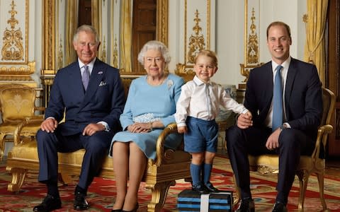 A portrait in 2016 of The Queen and her three heirs - Credit: Ranald Mackechnie/REUTERS