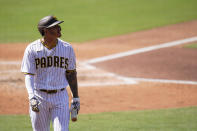 San Diego Padres' Manny Machado looks on after striking out during the third inning of a baseball game against the Los Angeles Angels, Wednesday, Sept. 23, 2020, in San Diego. (AP Photo/Gregory Bull)