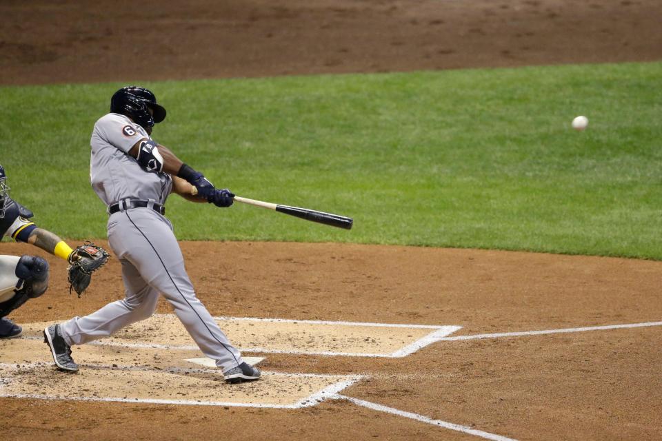 Detroit Tigers' Christin Stewart hits a solo home run during the third inning of the team's baseball game against the Milwaukee Brewers on Tuesday, Sept. 1, 2020, in Milwaukee.