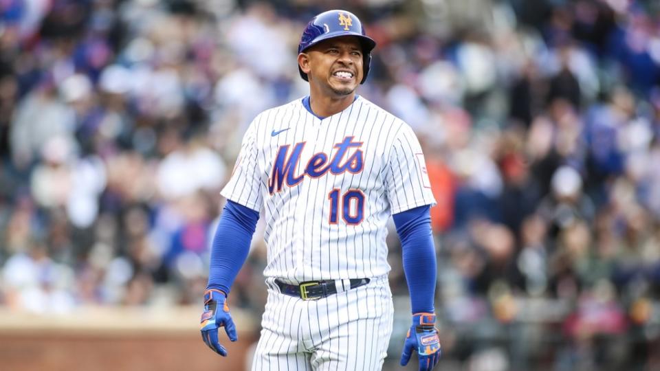 Apr 8, 2023; New York City, New York, USA; New York Mets third baseman Eduardo Escobar (10) reacts after flying out in the fourth inning against the Miami Marlins at Citi Field.