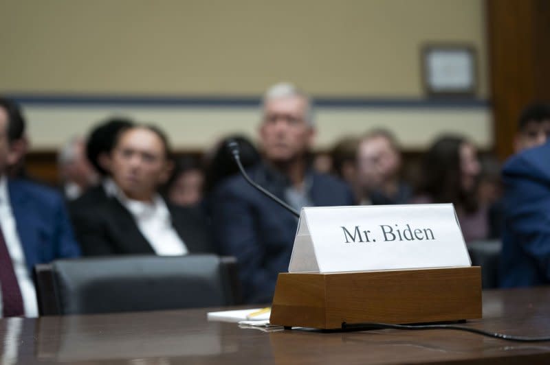 A placard for Hunter Biden, son of President Joe Biden, sits on the witness table during Wednesday's House Oversight and Accountability Committee hearing as part of the House Republicans' impeachment inquiry into President Joe Biden. Hunter Biden declined to attend the hearing. Photo by Bonnie Cash/UPI