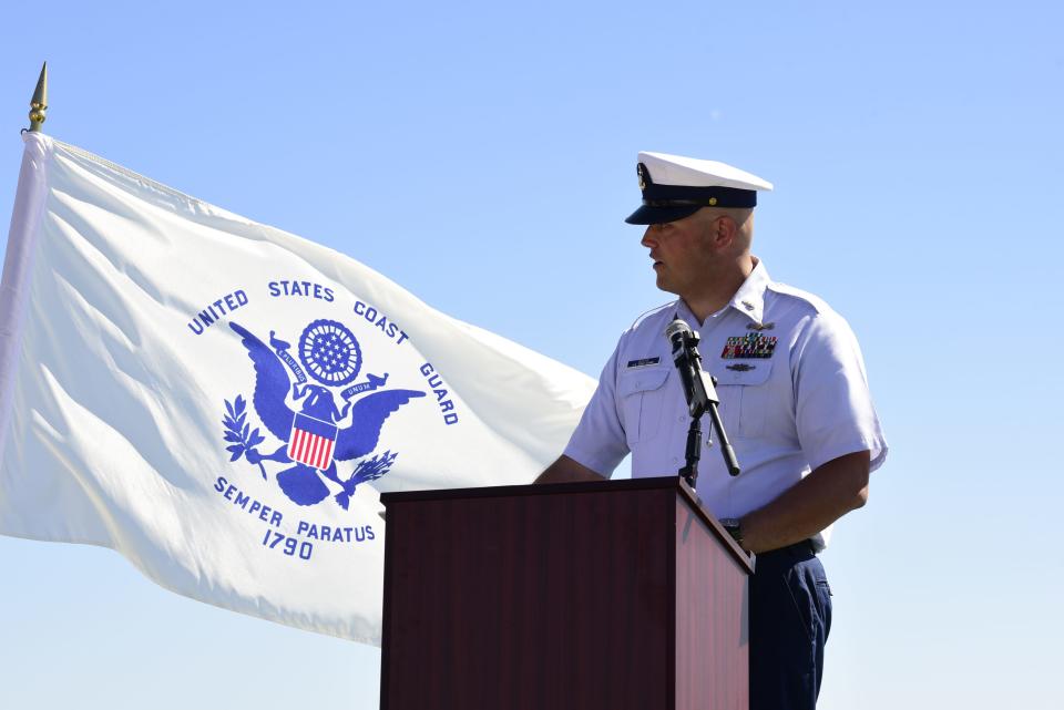 John Boyer speaks during a change of command ceremony on Friday, June 17, 2022, at the U.S. Coast Guard Station in Port Huron.