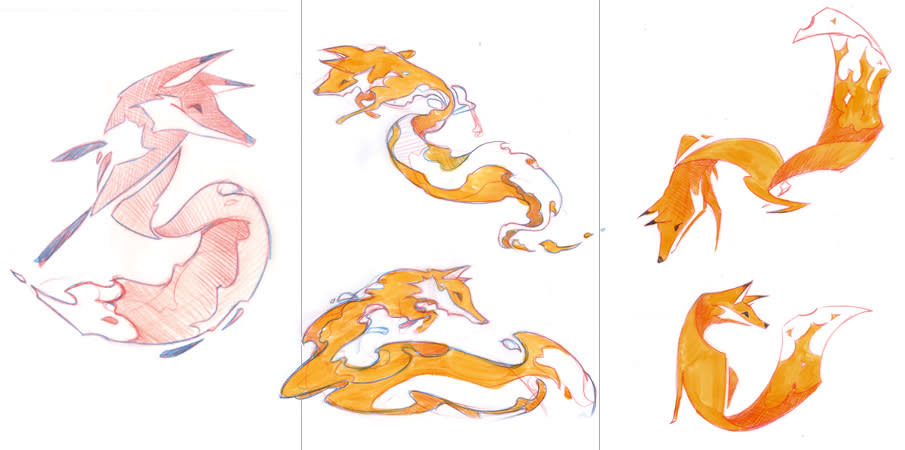 Sketches of Firefox mascots to show how to design a logo