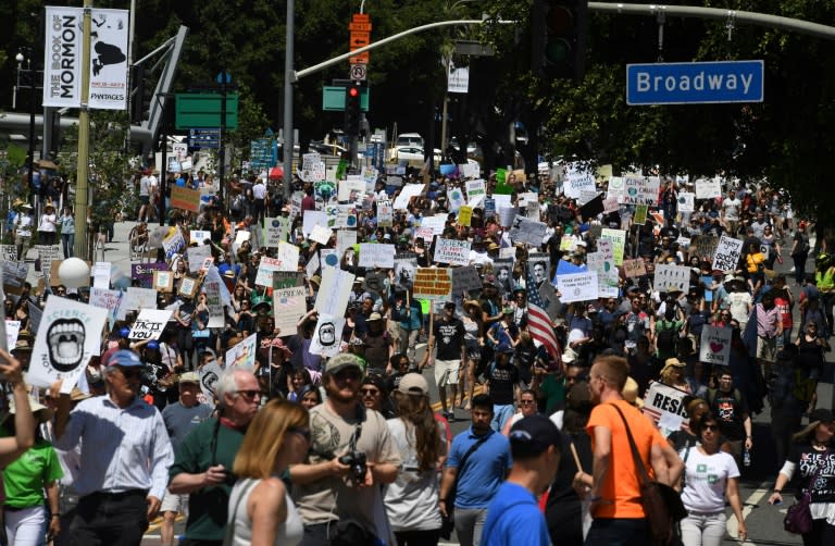 A large crowd of protesters take part in the March for Science in Los Angeles, California on April 22, 2017