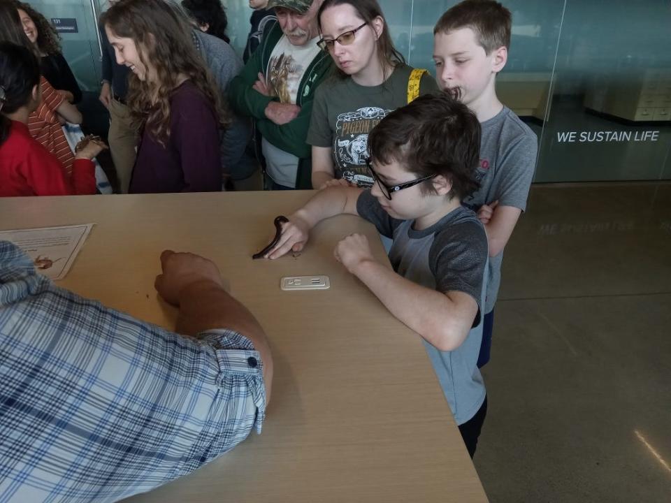 Logan Fletcher of Killbuck experiences a millipede at the United Titanium Bug Zoo at the Ohio State University Agricultural Technical Institute in Wooster, where pre-eclipse activities were held.