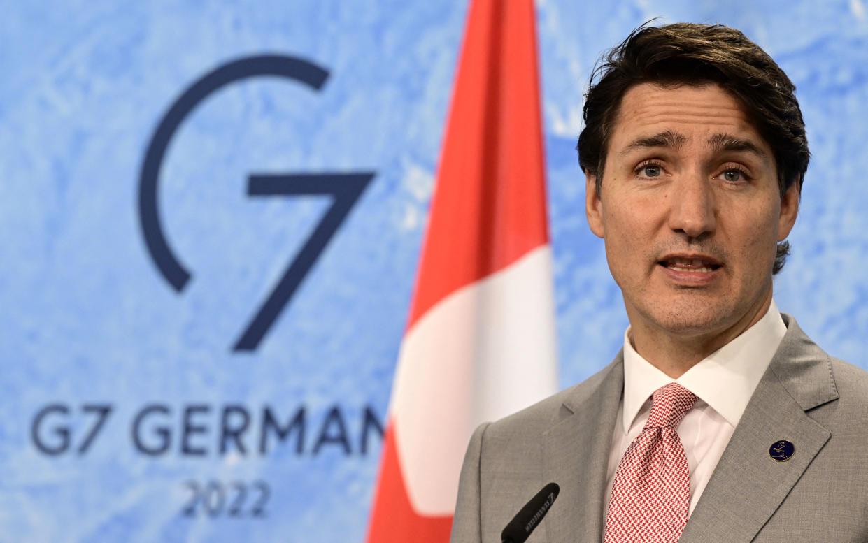 Canada's Prime Minister Justin Trudeau gives a statement on June 28, 2022 at Elmau Castle, southern Germany, at the end of the G7 Summit. (Photo by John MACDOUGALL / AFP) (Photo by JOHN MACDOUGALL/AFP via Getty Images)