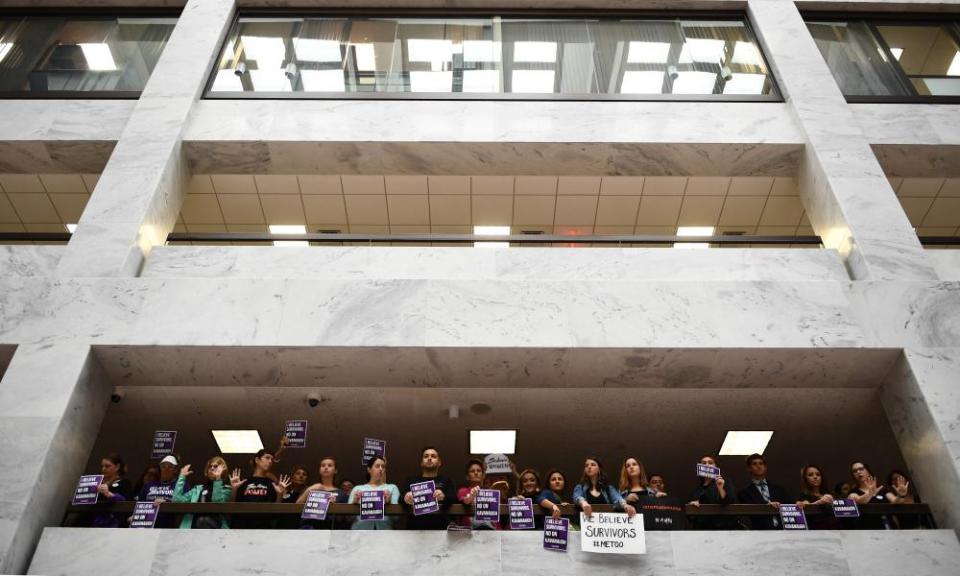 Demonstrators protest at the Hart US Senate office building.