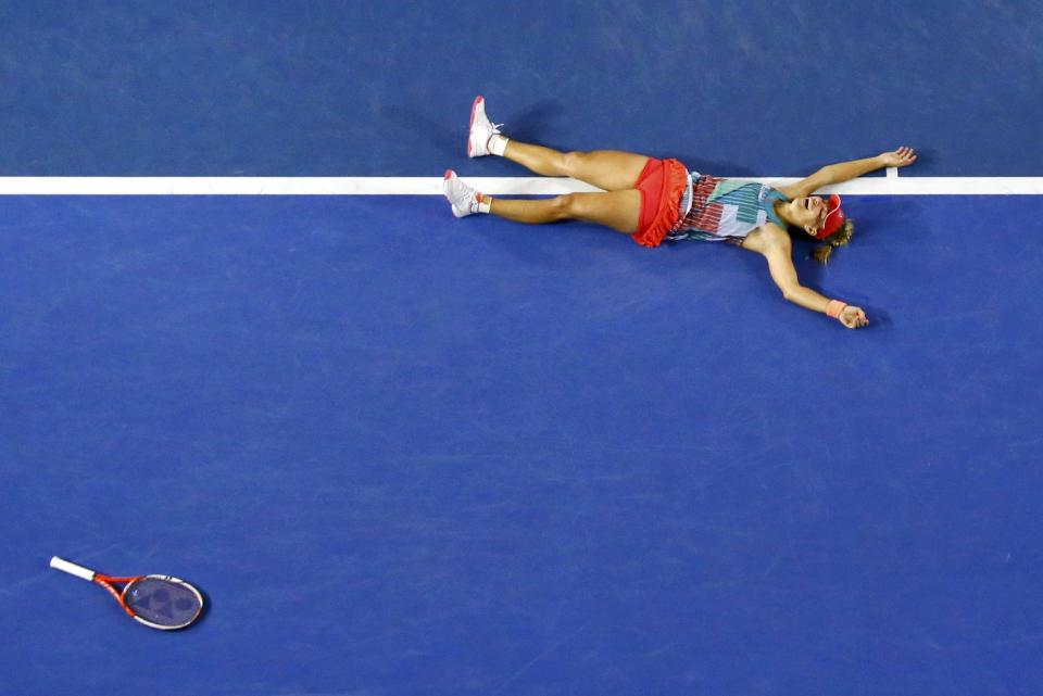Germany's Angelique Kerber celebrates after winning her final match against Serena Williams of the U.S. at the Australian Open tennis tournament at Melbourne Park, Australia, January 30, 2016. REUTERS/Jason Reed