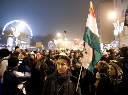 Demonstrators march during a protest against a proposed new labor law, billed as the "slave law", in Budapest, Hungary December 21, 2018. REUTERS/Bernadett Szabo