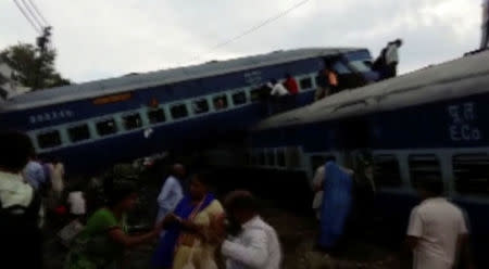 Derailed carriages of Kalinga-Utkal express train are seen in Khatauli, Uttar Pradesh, India in this still taken from video August 19, 2017. ANI/via REUTERS TV THIS IMAGE HAS BEEN SUPPLIED BY A THIRD PARTY. NO RESALES. NO ARCHIVES. NO ACCESS MEDIACORP/ARD/BBC