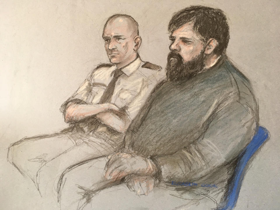 File artist sketch dated 07/05/19 of Carl Beech, known as Nick, at Newcastle Crown Court. Beech, who is accused of making up allegations of a Westminster VIP paedophile ring, craved attention, made money from his claims and intended to become an international speaker on ???survivors???, a court has heard.