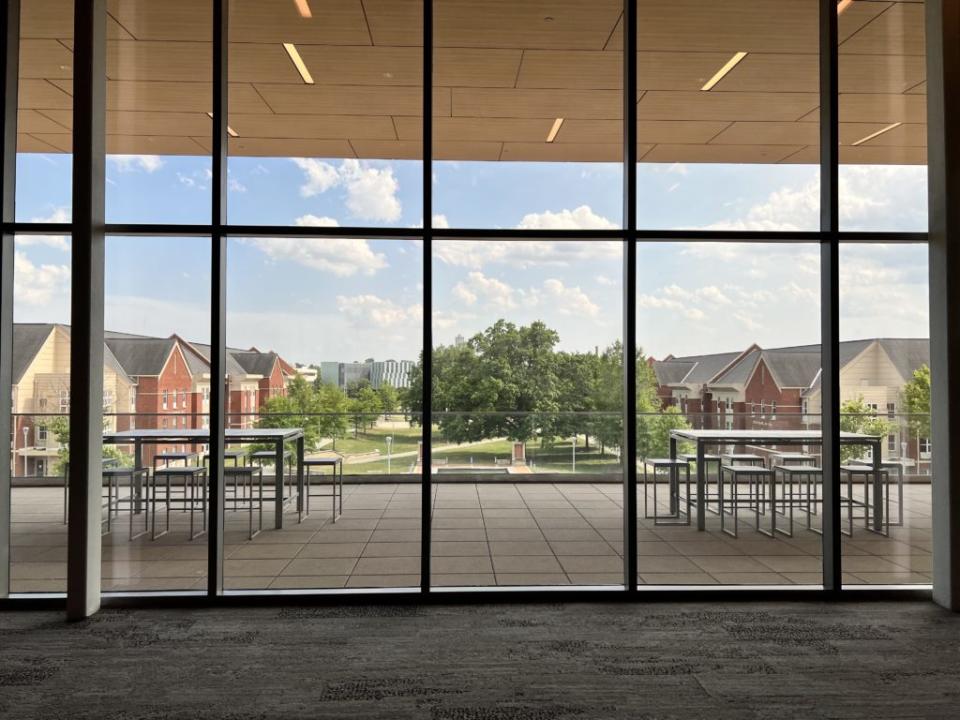 The windows on the southwest wall of the North Carolina A&T State Student Union look out to Aggie Village — home to Richmond Hall, McCain Hall, Blair Hall, and McNeil Hall. (Rupen Fofaria/EducationNC)