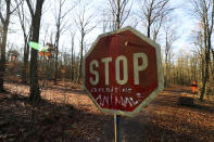 A stop sign is pictured in the Hambach Forest