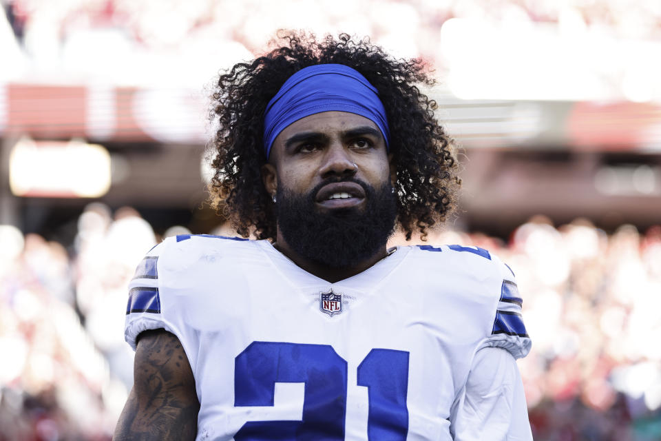 Ezekiel Elliott jogou na última temporada pelo New England Patriots, após sete anos em Dallas.  (Foto de Michael Owens/Getty Images)