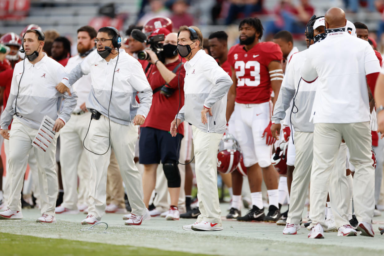 TUSCALOOSA, AL - NOVEMBER 21: Head coach Nick Saban of the Alabama Crimson Tide looks on from the sideline during the game against the Kentucky Wildcats at Bryant-Denny Stadium on November 21, 2020 in Tuscaloosa, Alabama. (Photo by UA Athletics/Collegiate Images/Getty Images)