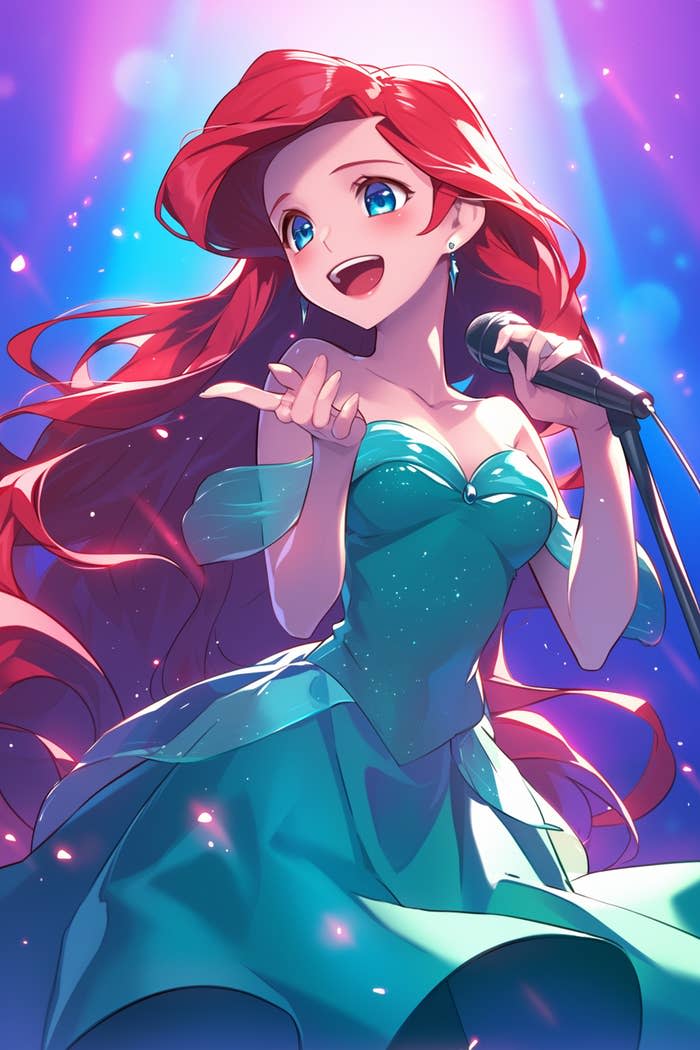 Ariel from The Little Mermaid sings with a mic, wearing her iconic dress