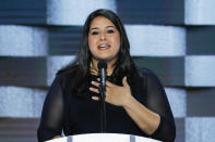 FILE - In this July 28, 2016, file photo, Lorella Praeli speaks during the final day of the Democratic National Convention in Philadelphia. Immigrant rights activists energized by a new Democratic administration and majorities on Capitol Hill are gearing up for a fresh political battle. A coalition of national advocacy groups on Monday announced a multimillion-dollar campaign to help push through President Joe Biden’s plan to open a citizenship pathway for up to 11 million people. Praeli, now 28, was brought to the U.S. when she was 10 so she could get better medical treatment after losing a leg in an accident. She became an immigrant activist in her teens. (AP Photo/J. Scott Applewhite)