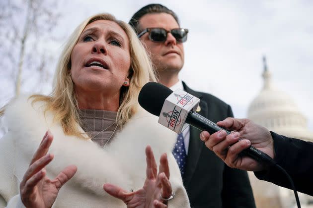 Reps. Marjorie Taylor Greene (R-Ga.) and Matt Gaetz (R-Fla.) speak at the anniversary of the Jan. 6, 2021, attack at the U.S. Capitol. (Photo: Carolyn Kaster/Associated Press)