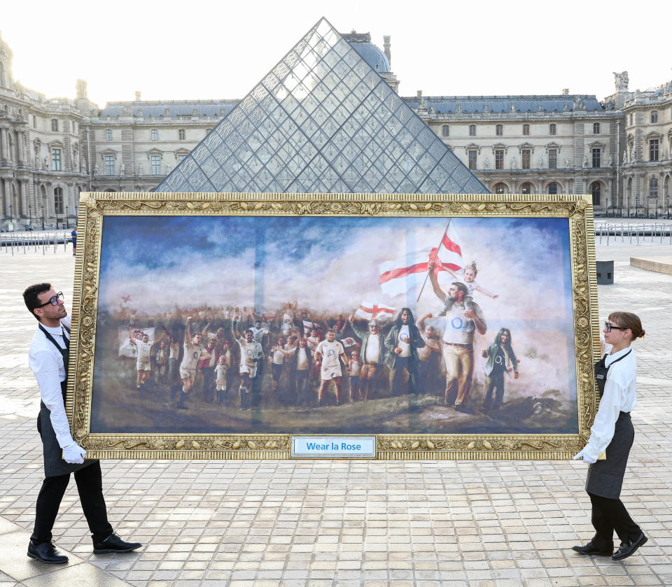 A specially-commissioned 3 meter by 1.5 meter artwork created by artist, Vincent McIndoe titled Wear La Rose is unveiled at The Louvre Museum in Paris